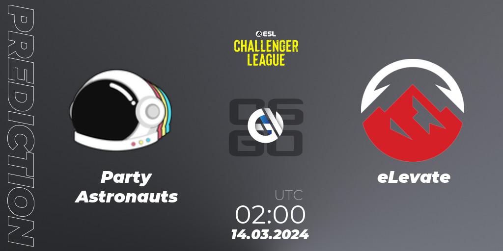 Prognose für das Spiel Party Astronauts VS eLevate. 08.05.2024 at 02:00. Counter-Strike (CS2) - ESL Challenger League Season 47: North America