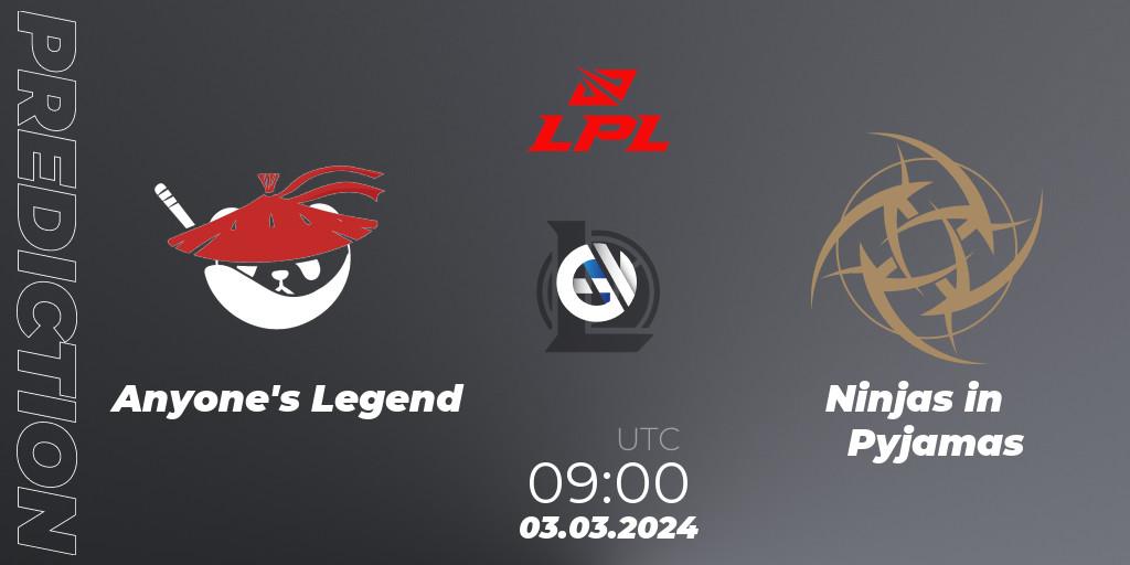 Prognose für das Spiel Anyone's Legend VS Ninjas in Pyjamas. 03.03.24. LoL - LPL Spring 2024 - Group Stage