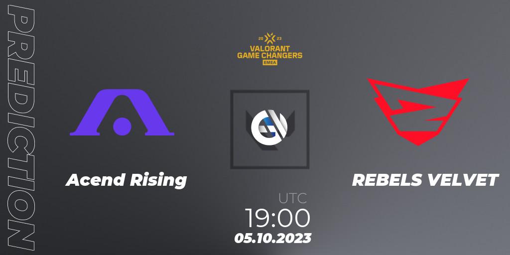 Prognose für das Spiel Acend Rising VS REBELS VELVET. 05.10.2023 at 19:20. VALORANT - VCT 2023: Game Changers EMEA Stage 3 - Playoffs