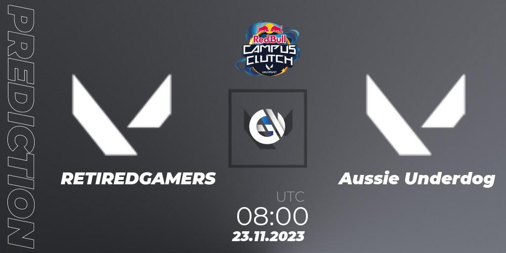 Prognose für das Spiel RETIREDGAMERS VS Aussie Underdog. 23.11.2023 at 09:00. VALORANT - Red Bull Campus Clutch 2023