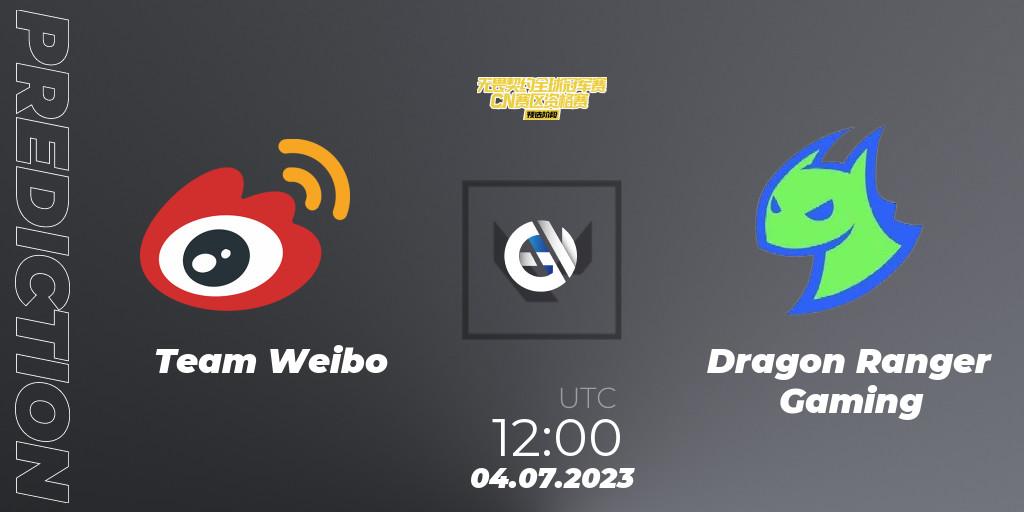 Prognose für das Spiel Team Weibo VS Dragon Ranger Gaming. 04.07.2023 at 12:00. VALORANT - VALORANT Champions Tour 2023: China Qualifier