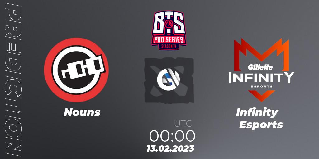 Prognose für das Spiel Nouns VS Infinity Esports. 13.02.2023 at 00:26. Dota 2 - BTS Pro Series Season 14: Americas
