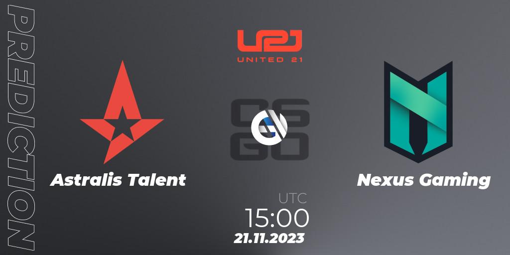 Prognose für das Spiel Astralis Talent VS Nexus Gaming. 21.11.2023 at 16:00. Counter-Strike (CS2) - United21 Season 8