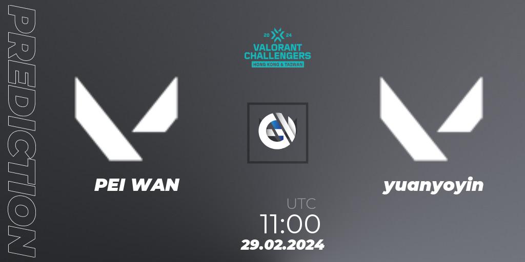 Prognose für das Spiel PEI WAN VS yuanyoyin. 29.02.2024 at 11:00. VALORANT - VALORANT Challengers Hong Kong and Taiwan 2024: Split 1