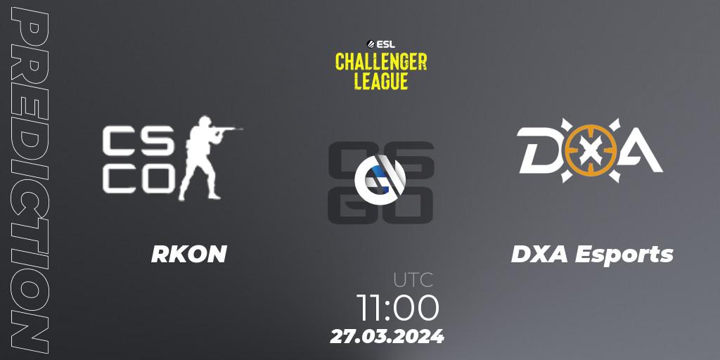 Prognose für das Spiel RKON VS DXA Esports. 27.03.2024 at 11:00. Counter-Strike (CS2) - ESL Challenger League Season 47: Oceania