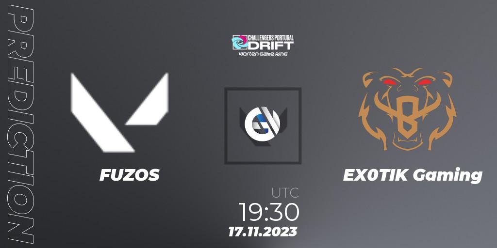 Prognose für das Spiel FUZOS VS EX0TIK Gaming. 17.11.2023 at 19:30. VALORANT - VALORANT Challengers 2023 Portugal: Drift