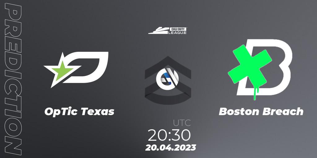 Prognose für das Spiel OpTic Texas VS Boston Breach. 20.04.2023 at 20:30. Call of Duty - Call of Duty League 2023: Stage 4 Major