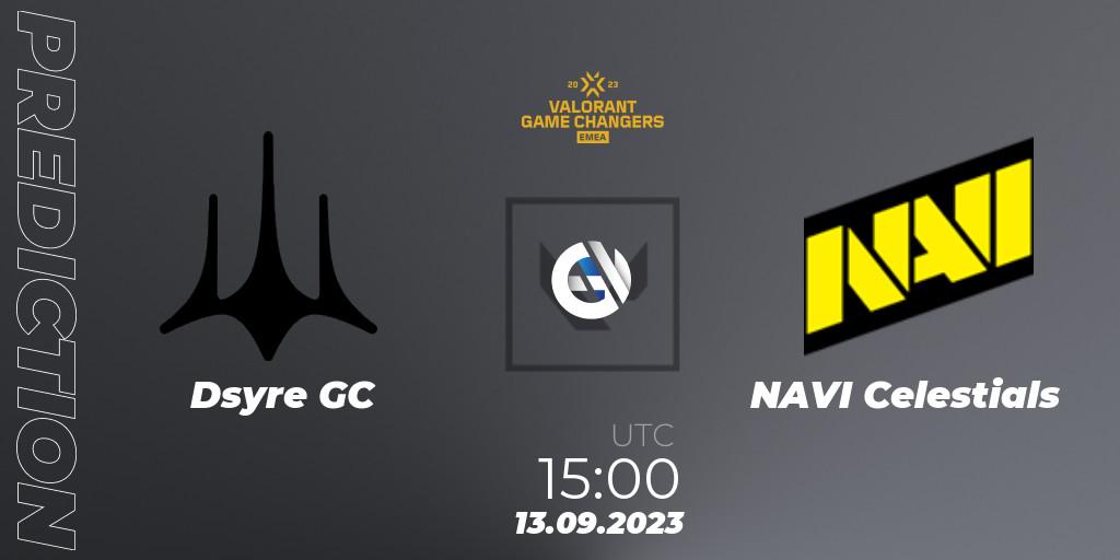 Prognose für das Spiel Dsyre GC VS NAVI Celestials. 13.09.2023 at 15:00. VALORANT - VCT 2023: Game Changers EMEA Stage 3 - Group Stage