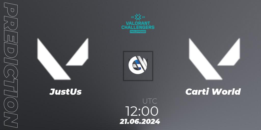 Prognose für das Spiel JustUs VS Carti World. 21.06.2024 at 12:00. VALORANT - VALORANT Challengers 2024 Philippines: Split 2