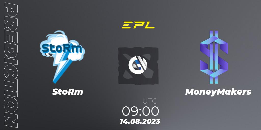 Prognose für das Spiel StoRm VS MoneyMakers. 14.08.2023 at 09:05. Dota 2 - European Pro League Season 11