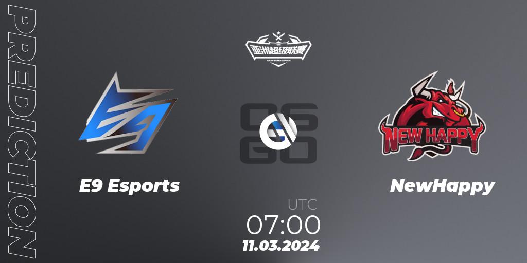 Prognose für das Spiel E9 Esports VS NewHappy. 11.03.2024 at 08:00. Counter-Strike (CS2) - Asian Super League Season 2