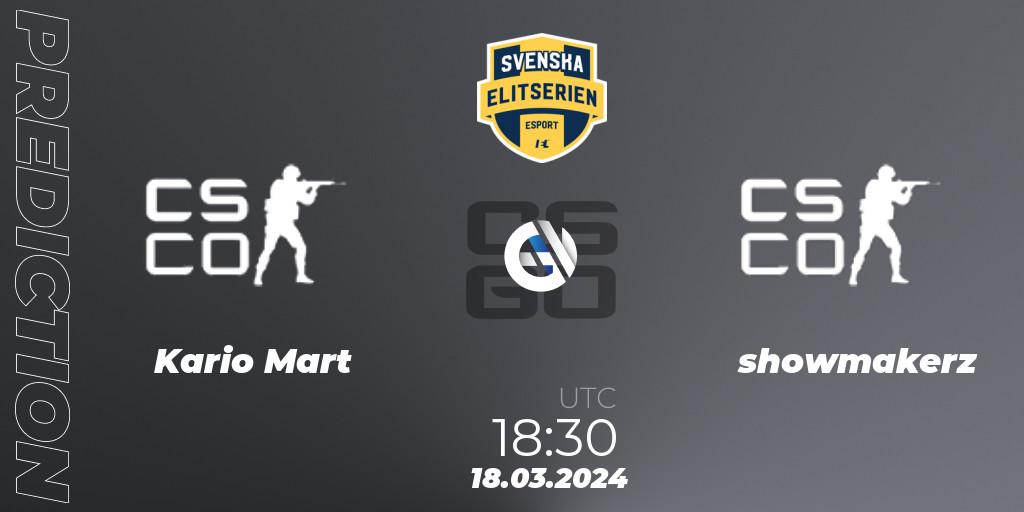 Prognose für das Spiel Kario Mart VS showmakerz. 18.03.2024 at 18:30. Counter-Strike (CS2) - Svenska Elitserien Spring 2024