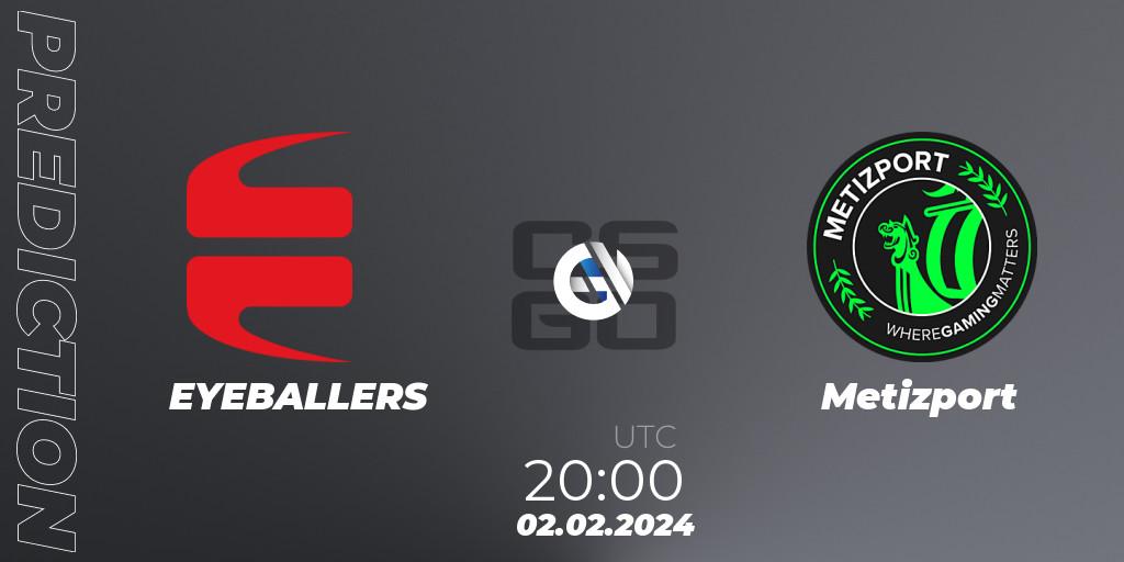 Prognose für das Spiel EYEBALLERS VS Metizport. 02.02.2024 at 20:00. Counter-Strike (CS2) - Pelaajat Series Spring 2024 Nordics Open Qualifier 1
