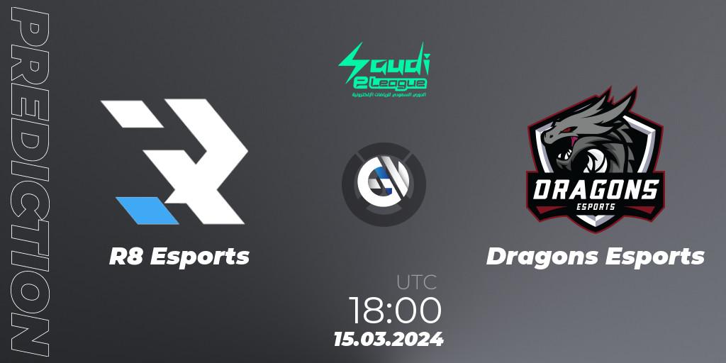 Prognose für das Spiel R8 Esports VS Dragons Esports. 15.03.2024 at 18:30. Overwatch - Saudi eLeague 2024 - Major 1 / Phase 2