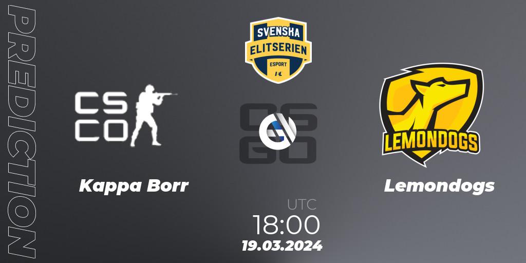 Prognose für das Spiel Kappa Borr VS Lemondogs. 19.03.2024 at 18:00. Counter-Strike (CS2) - Svenska Elitserien Spring 2024