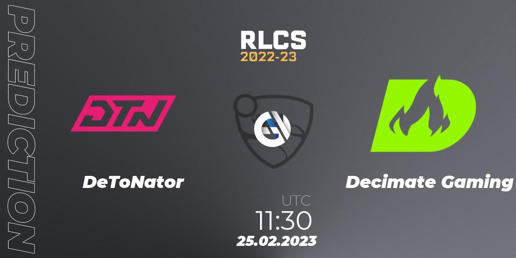 Prognose für das Spiel DeToNator VS Decimate Gaming. 25.02.2023 at 11:30. Rocket League - RLCS 2022-23 - Winter: Asia-Pacific Regional 3 - Winter Invitational