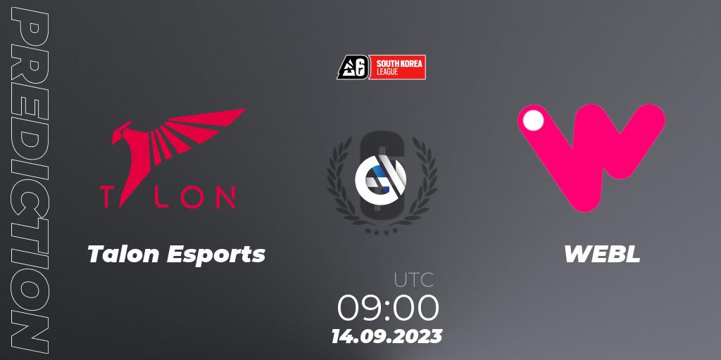 Prognose für das Spiel Talon Esports VS WEBL. 14.09.2023 at 09:00. Rainbow Six - South Korea League 2023 - Stage 2