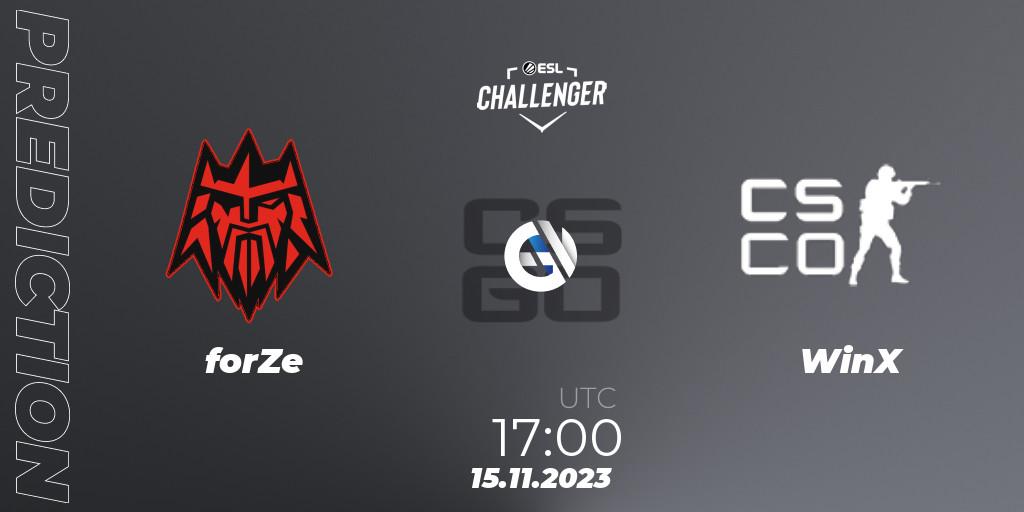Prognose für das Spiel forZe VS WinX. 15.11.2023 at 17:00. Counter-Strike (CS2) - ESL Challenger at DreamHack Atlanta 2023: European Open Qualifier