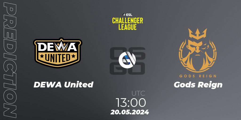 Prognose für das Spiel DEWA United VS Gods Reign. 20.05.2024 at 13:00. Counter-Strike (CS2) - ESL Challenger League Season 47: Asia