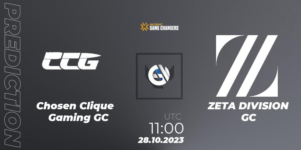 Prognose für das Spiel Chosen Clique Gaming GC VS ZETA DIVISION GC. 28.10.2023 at 11:00. VALORANT - VCT 2023: Game Changers East Asia