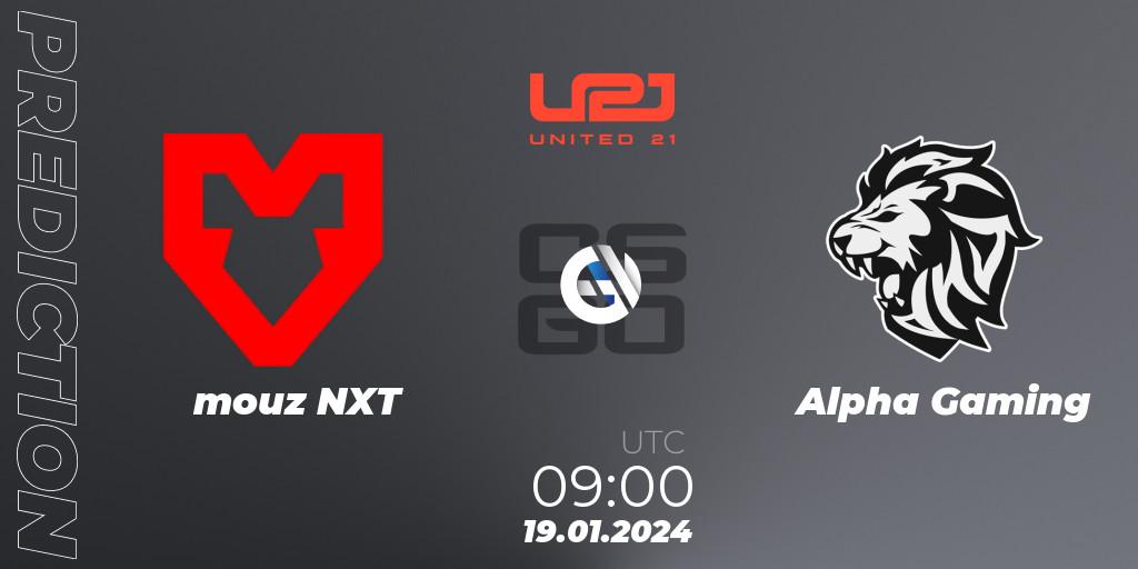 Prognose für das Spiel mouz NXT VS Alpha Gaming. 19.01.2024 at 09:00. Counter-Strike (CS2) - United21 Season 10