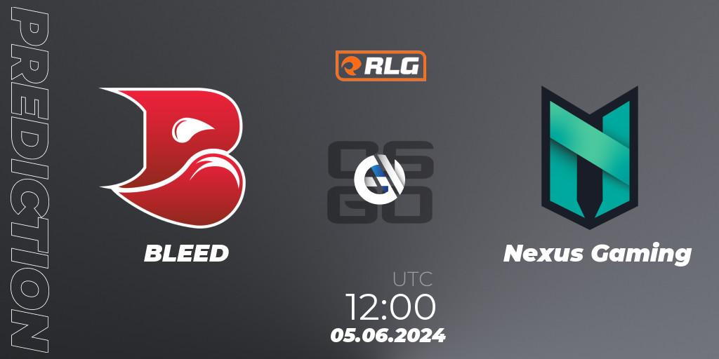Prognose für das Spiel BLEED VS Nexus Gaming. 05.06.2024 at 12:00. Counter-Strike (CS2) - RES European Series #5