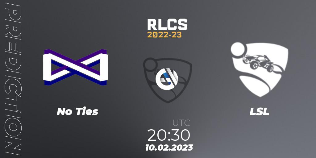 Prognose für das Spiel No Ties VS LSL. 10.02.2023 at 20:30. Rocket League - RLCS 2022-23 - Winter: South America Regional 2 - Winter Cup