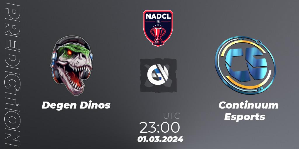 Prognose für das Spiel Degen Dinos VS Continuum Esports. 01.03.2024 at 23:00. Dota 2 - North American Dota Challengers League Season 6 Division 1