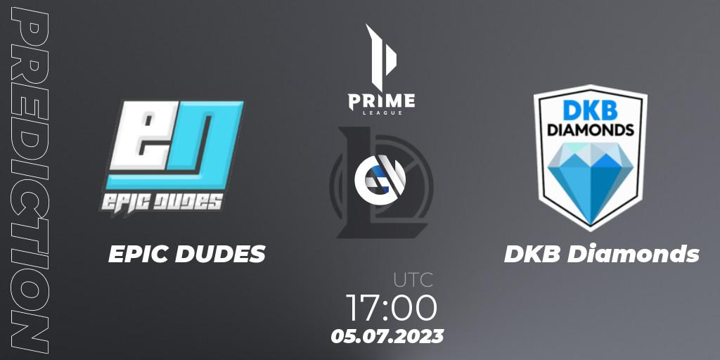 Prognose für das Spiel EPIC DUDES VS DKB Diamonds. 05.07.2023 at 17:00. LoL - Prime League 2nd Division Summer 2023