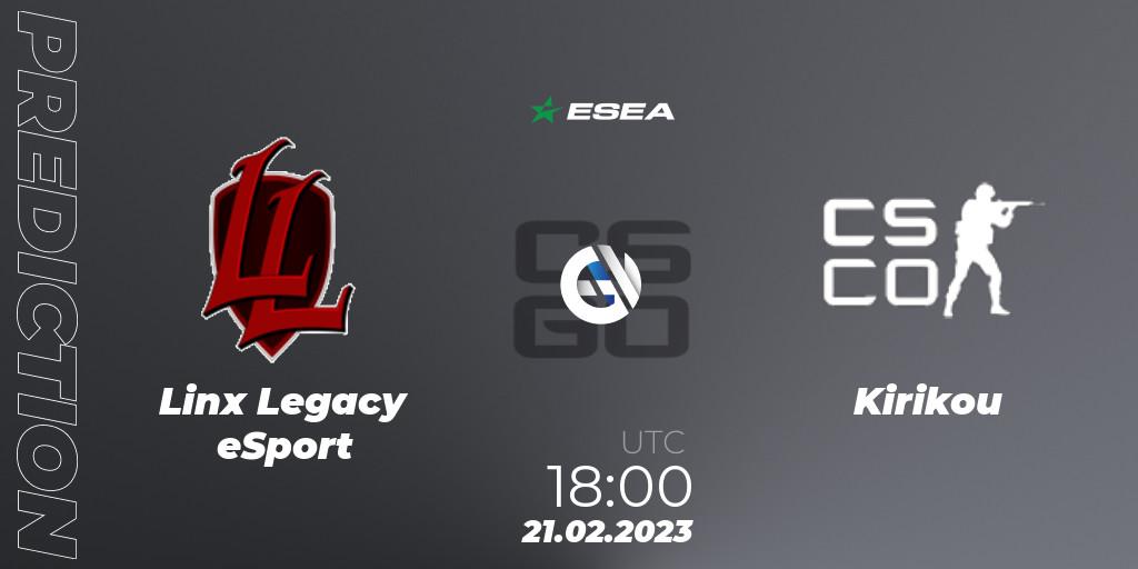 Prognose für das Spiel Linx Legacy eSport VS Kirikou. 26.02.2023 at 19:30. Counter-Strike (CS2) - ESEA Season 44: Advanced Division - Europe