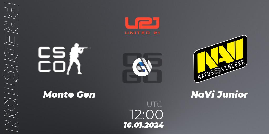 Prognose für das Spiel Monte Gen VS NaVi Junior. 16.01.2024 at 12:00. Counter-Strike (CS2) - United21 Season 10
