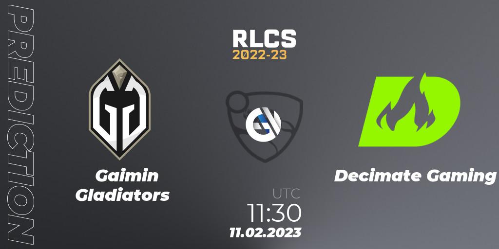 Prognose für das Spiel Gaimin Gladiators VS Decimate Gaming. 11.02.2023 at 11:30. Rocket League - RLCS 2022-23 - Winter: Asia-Pacific Regional 2 - Winter Cup