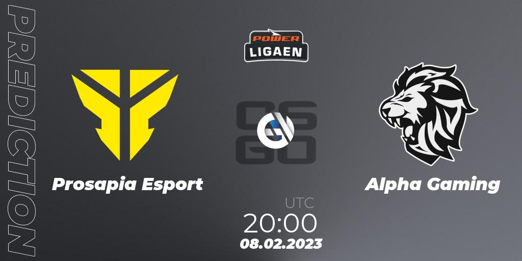 Prognose für das Spiel Prosapia Esport VS Alpha Gaming. 08.02.23. CS2 (CS:GO) - Dust2.dk Ligaen Season 22