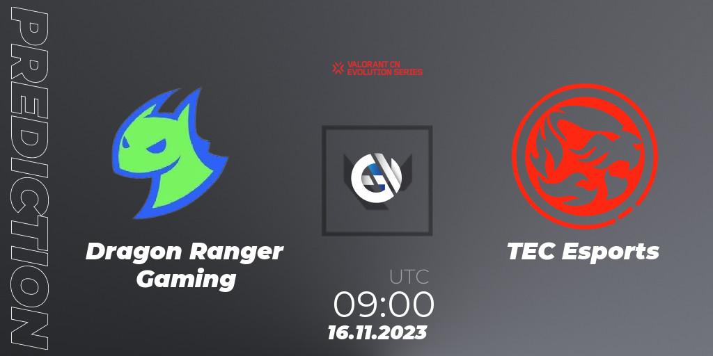Prognose für das Spiel Dragon Ranger Gaming VS TEC Esports. 16.11.2023 at 09:00. VALORANT - VALORANT China Evolution Series Act 3: Heritability