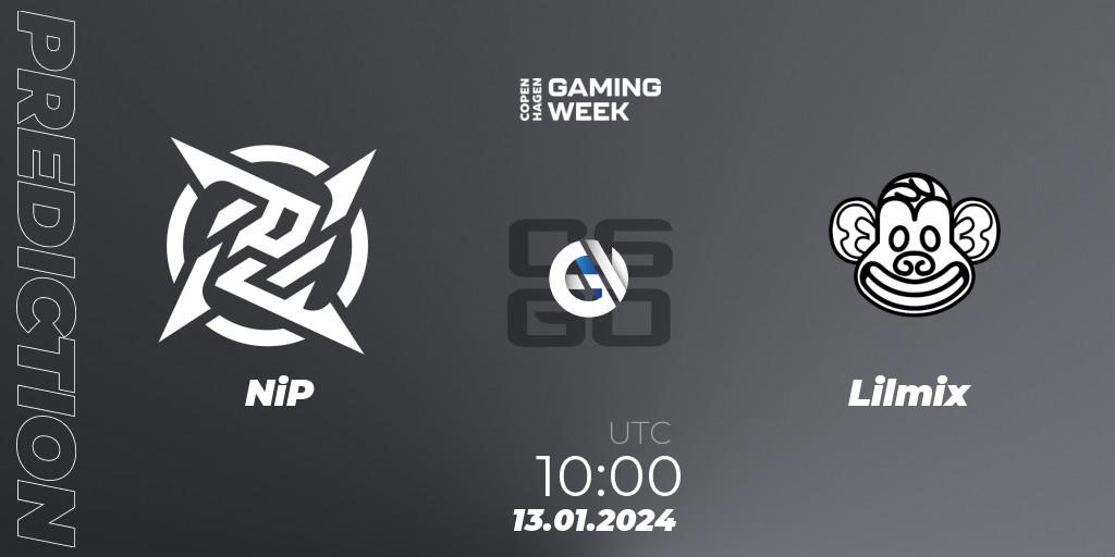 Prognose für das Spiel NiP VS Lilmix. 13.01.2024 at 10:00. Counter-Strike (CS2) - Copenhagen Gaming Week 2024