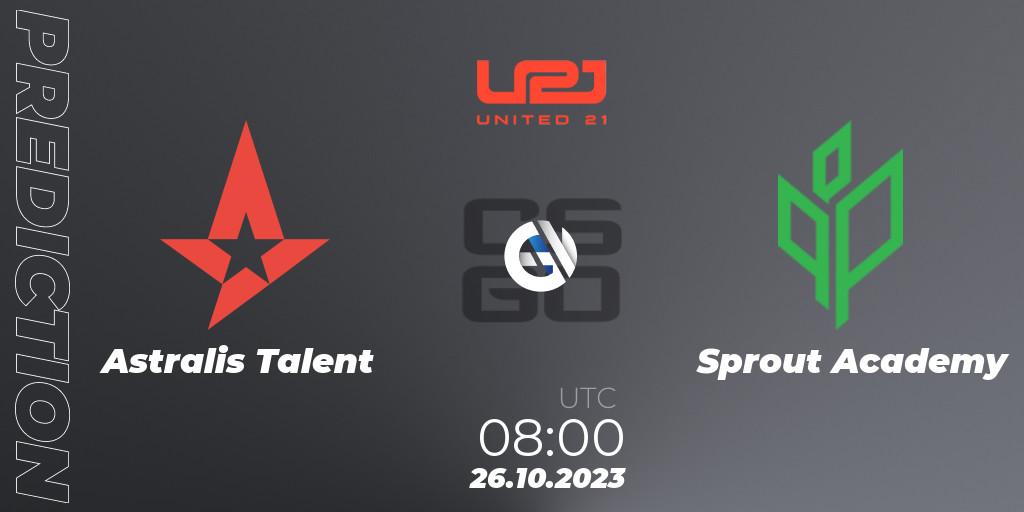 Prognose für das Spiel Astralis Talent VS Sprout Academy. 26.10.2023 at 08:00. Counter-Strike (CS2) - United21 Season 7