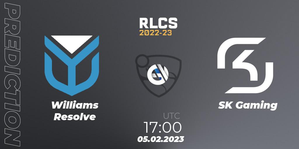 Prognose für das Spiel Williams Resolve VS SK Gaming. 05.02.2023 at 17:00. Rocket League - RLCS 2022-23 - Winter: Europe Regional 2 - Winter Cup: Closed Qualifier