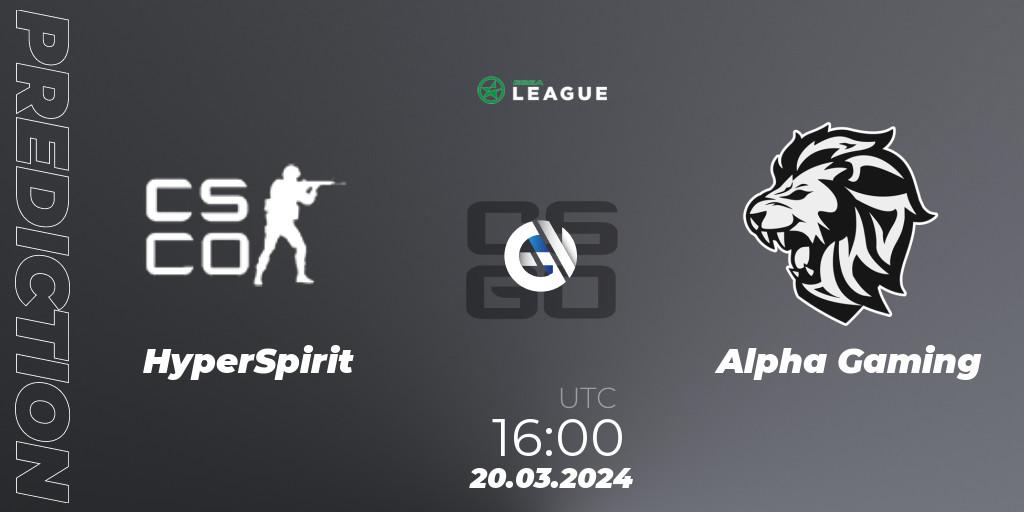 Prognose für das Spiel HyperSpirit VS Alpha Gaming. 20.03.24. CS2 (CS:GO) - ESEA Season 48: Main Division - Europe