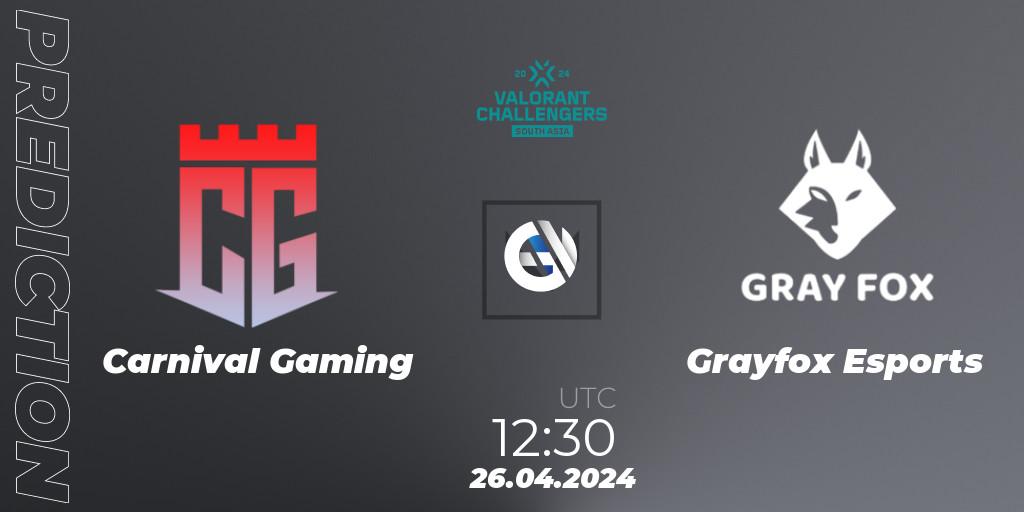 Prognose für das Spiel Carnival Gaming VS Grayfox Esports. 26.04.2024 at 12:30. VALORANT - VALORANT Challengers 2024 South Asia: Split 1 - Cup 2