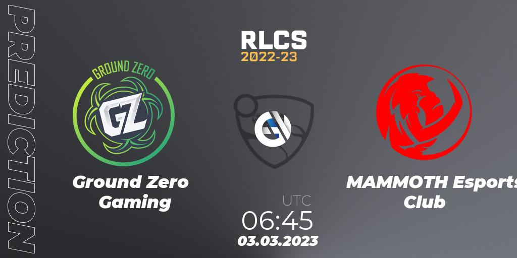 Prognose für das Spiel Ground Zero Gaming VS MAMMOTH Esports Club. 03.03.2023 at 06:45. Rocket League - RLCS 2022-23 - Winter: Oceania Regional 3 - Winter Invitational