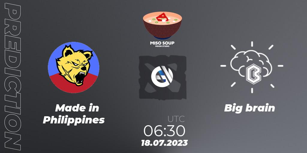 Prognose für das Spiel Made in Philippines VS Big brain. 18.07.2023 at 06:27. Dota 2 - Moon Studio Miso Soup