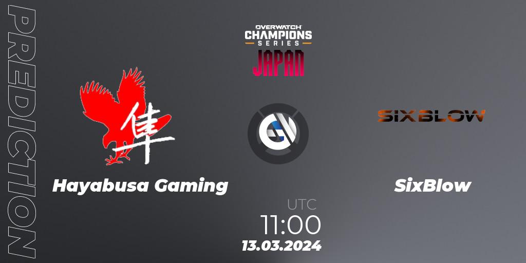 Prognose für das Spiel Hayabusa Gaming VS SixBlow. 13.03.2024 at 12:00. Overwatch - Overwatch Champions Series 2024 - Stage 1 Japan