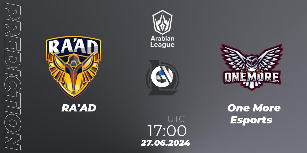 Prognose für das Spiel RA'AD VS One More Esports. 26.06.2024 at 18:00. LoL - Arabian League Summer 2024