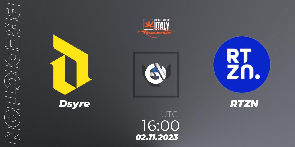 Prognose für das Spiel Dsyre VS RTZN. 02.11.2023 at 16:00. VALORANT - VALORANT Challengers 2023 Italy: ON // THE BATTLEFIELD