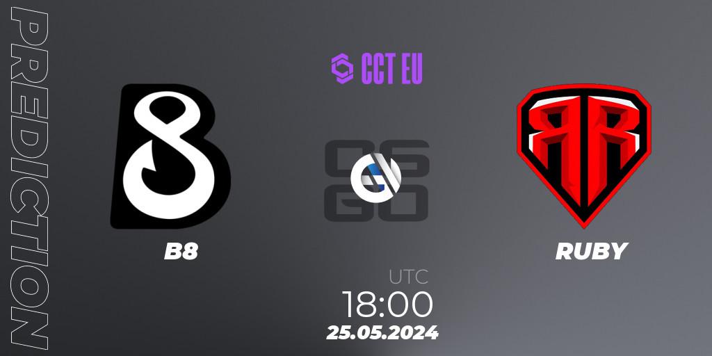 Prognose für das Spiel B8 VS RUBY. 25.05.2024 at 18:55. Counter-Strike (CS2) - CCT Season 2 Europe Series 4