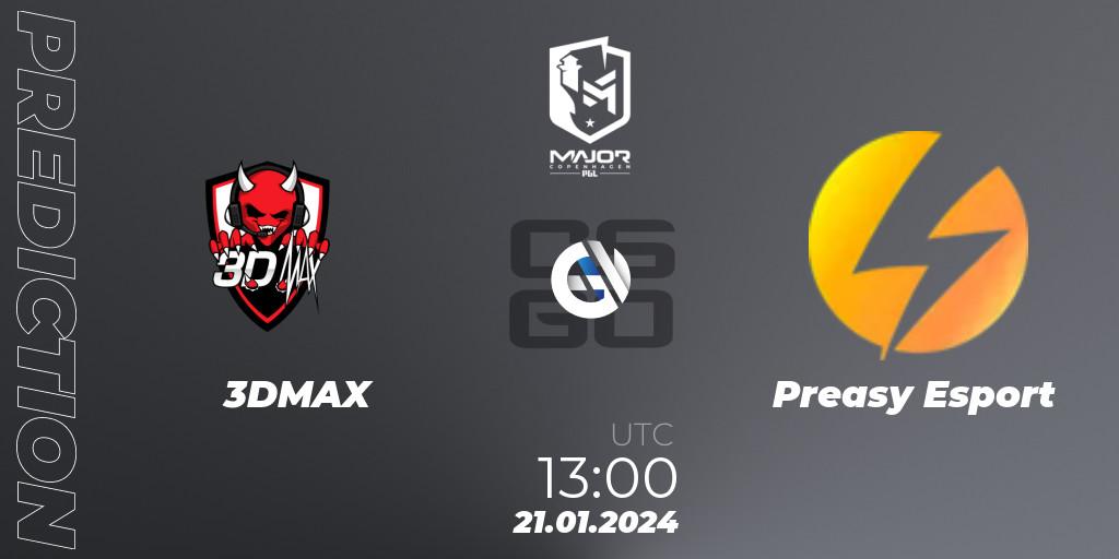 Prognose für das Spiel 3DMAX VS Preasy Esport. 21.01.2024 at 13:00. Counter-Strike (CS2) - PGL CS2 Major Copenhagen 2024 Europe RMR Decider Qualifier