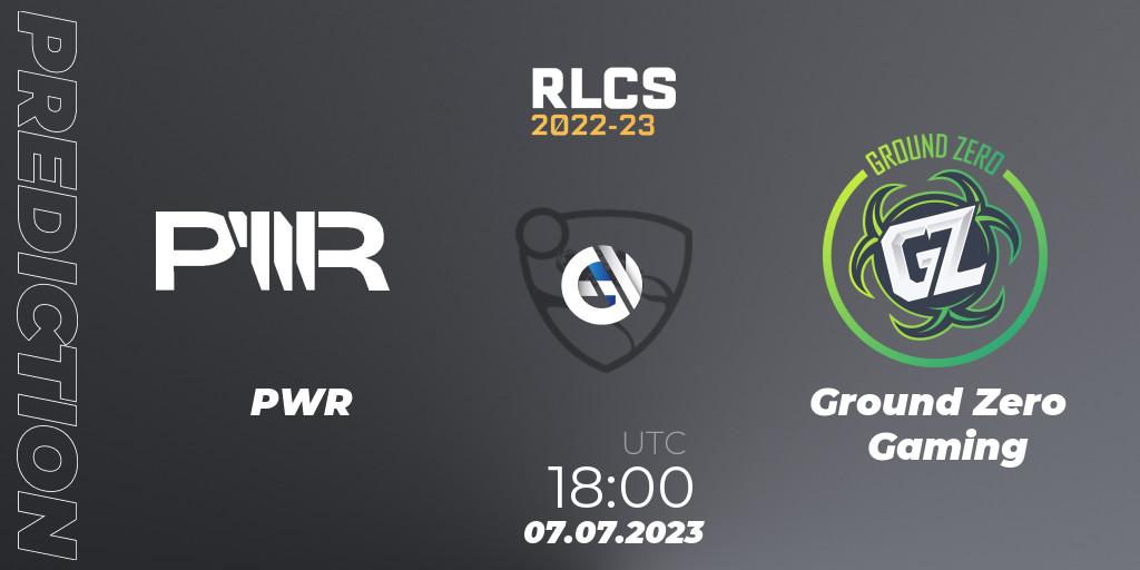 Prognose für das Spiel PWR VS Ground Zero Gaming. 07.07.2023 at 17:45. Rocket League - RLCS 2022-23 Spring Major