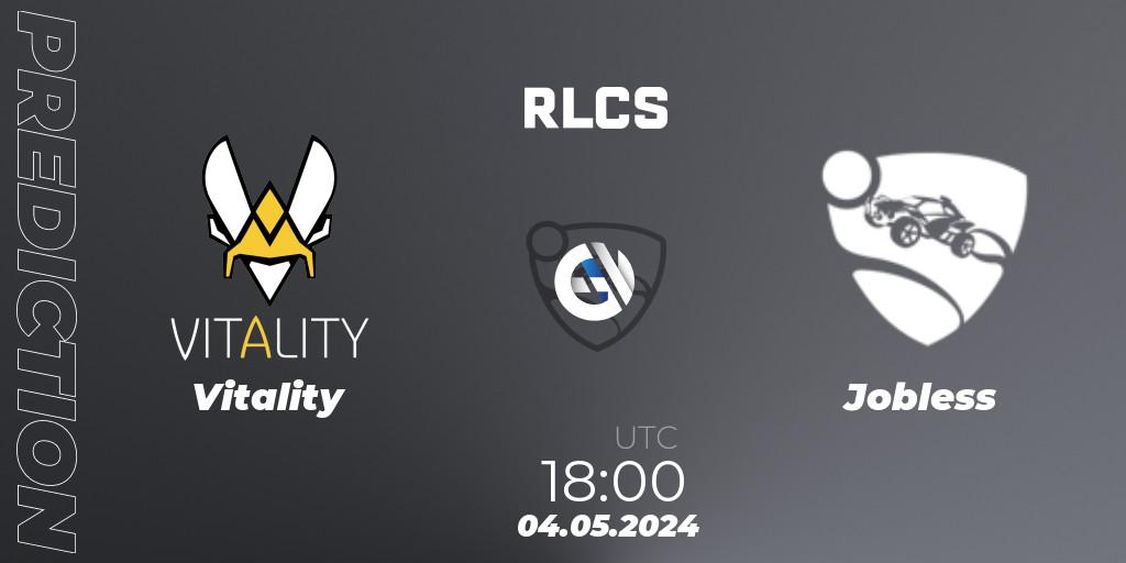 Prognose für das Spiel Vitality VS Jobless. 04.05.2024 at 17:00. Rocket League - RLCS 2024 - Major 2: EU Open Qualifier 4
