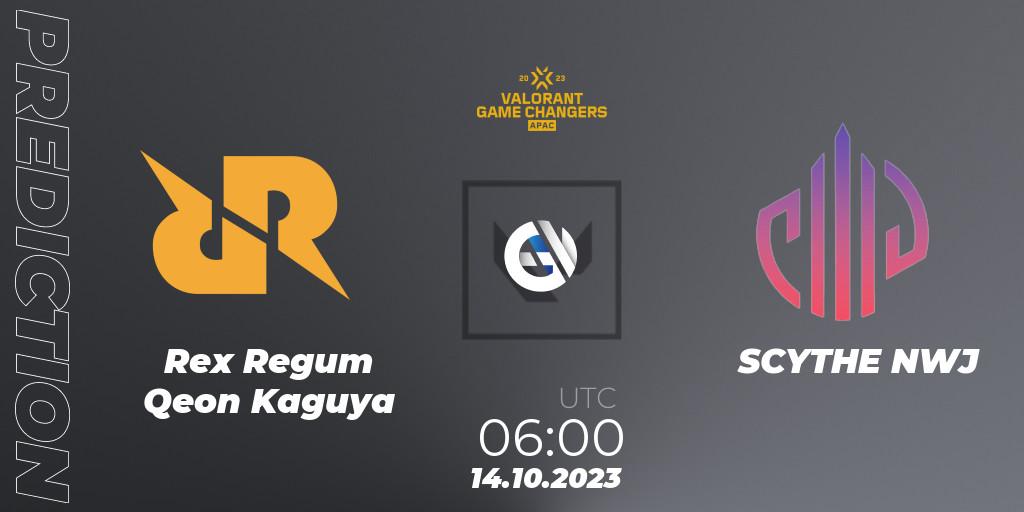 Prognose für das Spiel Rex Regum Qeon Kaguya VS SCYTHE NWJ. 14.10.2023 at 06:00. VALORANT - VCT 2023: Game Changers APAC Elite