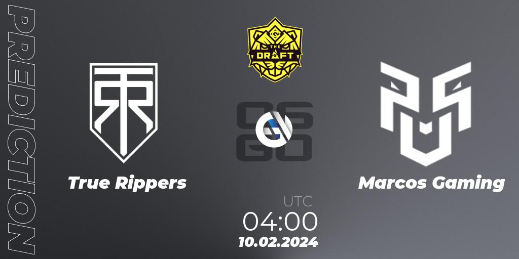 Prognose für das Spiel True Rippers VS Marcos Gaming. 10.02.2024 at 04:00. Counter-Strike (CS2) - BLAST The Draft Season 1 